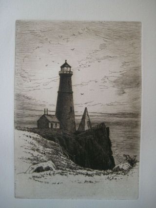 Henry Farrer " The Lighthouse " 19th Century American Etching