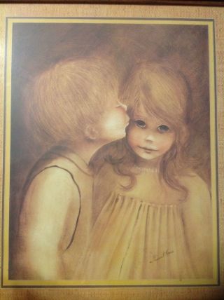 Margaret Kane Keane A Little Kiss Vintage Big Eye Boy & Girl 20x17 Print W Frame 2