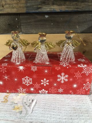 Set Of 3 Spun Glass Angel Ornaments Avon 2002 Gold Trim Candle Star Heart