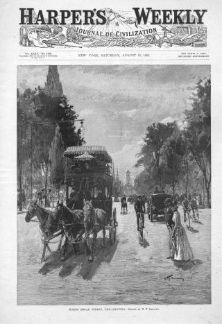View On North Broad Street,  Philadelphia - Horses - Carraiges - Bicycles - 1891