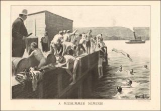 Boys Skinny Dipping Of A Pier,  Antique Print By O 