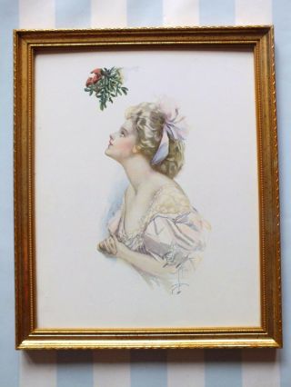 Pretty 1920’s Vintage Harrison Fisher Print Pretty Woman Under Mistletoe Framed