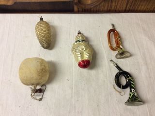 5 Vintage Old Glass Christmas Ornaments Clown,  2 Horns.  Pine Cone,  Fruit