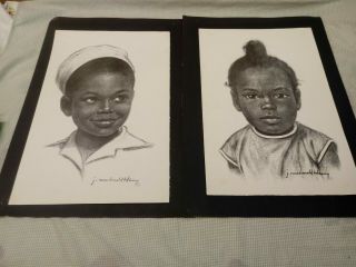 2 J.  Macdonald Henry Young Girl /boy Charcoal Signed Art Print Jamaica Artist
