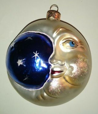 Rare Moon & Stars Glass Christmas Tree Ornament Poland Hand Painted Jumbo 4