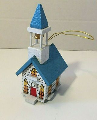 Vintage 1985 Kurt Adler Wooden Christmas Ornament Blue Roof Church Steeple Bell