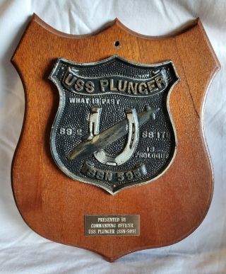 Vintage Us Navy Uss Plunger Ssn - 595 Wood & Resin Plaque Nuclear Submarine