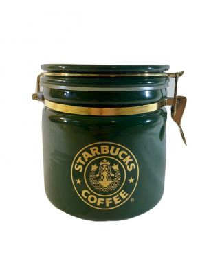 Starbucks Hunter Green Ceramic Coffee Canister W/gold Mermaid Logo