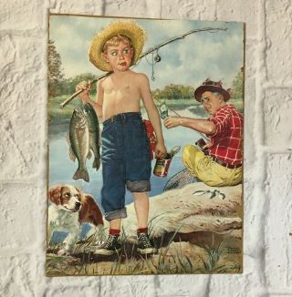 Vtg Frances Tipton Hunter Print 1935 Fishing Boy Grandpa Dog 16.  75 X 13 Unframed