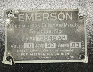 The Emerson Electric Mfg Co St.  Louis Missouri Vtg Industrial Metal Tag Sign