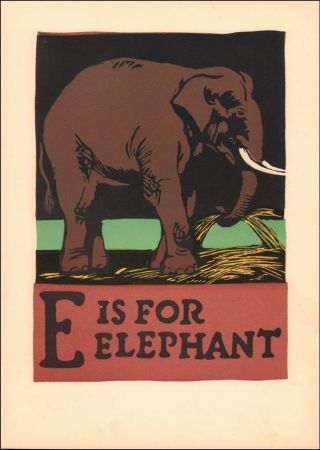 E Is For Elephant,  Fine Wood Block Print,  1925