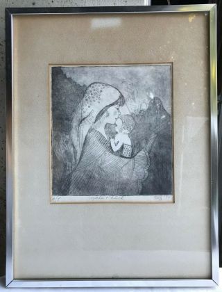 Mother And Child Signed Framed Lithograph Etching A/p Piltz 1974 12.  5 " X 16.  5