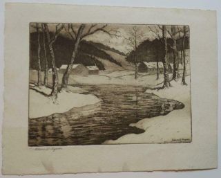 Edwin S.  Clymer Pencil Signed Etching Rural Landscape,  Creek,  Barns,  Snow