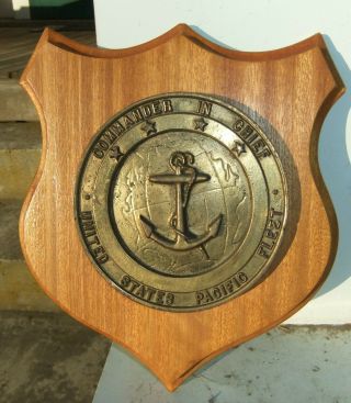 Us Pacific Fleet Commander In Chief Cast Brass Command Plaque On Mahogany Board