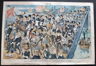 1883 Puck The Grand Opening March Over The Brooklyn Bridge Lithograph By Opper