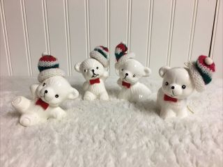Vtg Set Of 4 Ceramic White Snow Bears Knit Hats & Felt Ties Christmas Ornaments