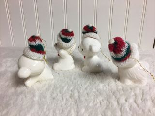Vtg Set Of 4 Ceramic White Snow Bears Knit Hats & Felt Ties Christmas Ornaments 2
