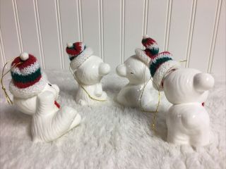Vtg Set Of 4 Ceramic White Snow Bears Knit Hats & Felt Ties Christmas Ornaments 3