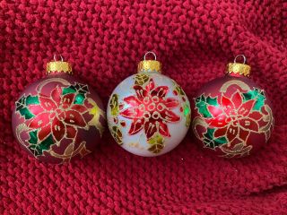 (3) Blown Glass Red,  White Poinsettia & Holly Christmas Ornaments,  Ut