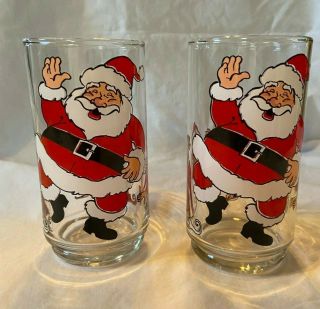 2 Fun Vintage Christmas Drinking Glasses Enameled Dancing Santa & Elves