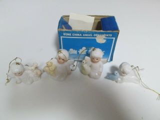 Set Of 4 Vintage Bone China Angel With Animal Christmas Ornaments Miniature
