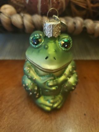 Blown Glass Christmas Ornament - Old World Christmas Green Sitting Frog