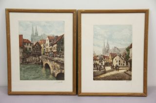 Vintage Notre Dame Paris France Pair Signed Wood Block Prints Framed Decor