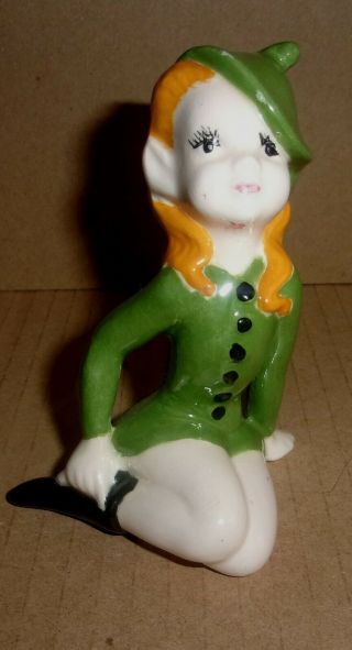 Vintage 1974 Girl Pixie Elf Figurine Green Ceramic Holland Mold Well Done