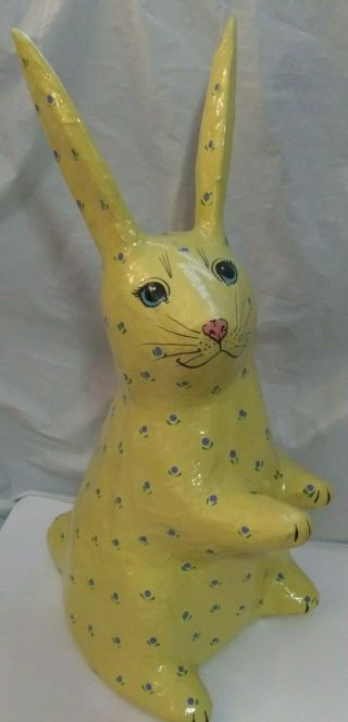 Large Vitg Paper Mache Rabbit Bunny Yellow With Blue Flowers Blue Eyes Pink Nose