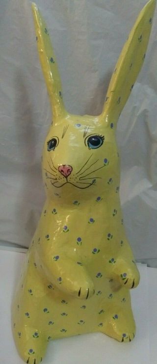 Large Vitg Paper Mache Rabbit Bunny Yellow with Blue Flowers Blue eyes Pink nose 2
