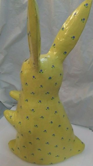 Large Vitg Paper Mache Rabbit Bunny Yellow with Blue Flowers Blue eyes Pink nose 3