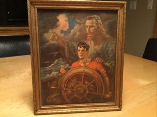 Sallman’s Christ Our Pilot Vintage Framed Lithograph Christ Guiding Man At Sea