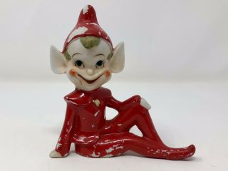 Vintage Large Red Sitting Pixie Elf Figurine 5” Tall With A Cute Face