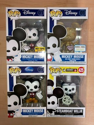 Funko Pop Mickey Mouse Set Of 4,  Exclusive,  Diamond,  Gold,  With 0.  5mm Protectors