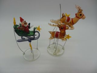 Vintage Blown Glass Santa In Sleigh With 3 Reindeer On Two Bases