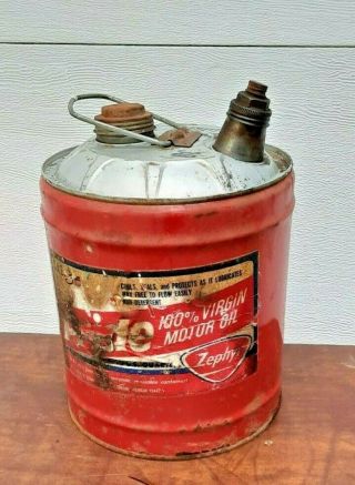 Vintage Red Zephyr Oil Gas 5 Gallon Can Farm Oil Can 100 Virgin Motor Oil