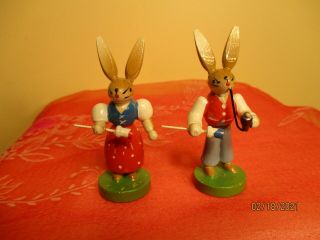 2 Painted Wood Erzgebirge Rabbits Made In Germany 3 " Tall
