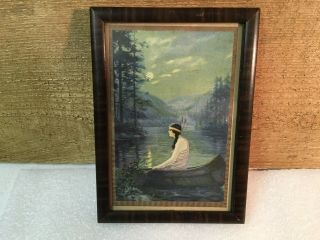 Vintage American Indian Maiden By Moonlight Moon River Forest Framed Art Print