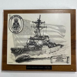 Vintage Uss Mitscher Ddg 57 Etched Plaque U.  S.  Navy Rear Admiral Commissioned 94