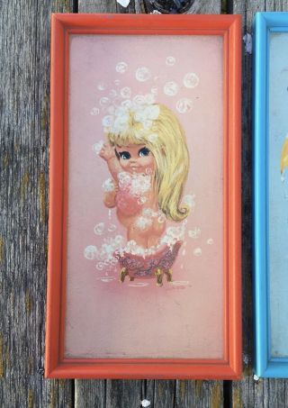 W M Otto Prints Kids Bathing Prints Framed Big Eye Kids 1970s Set Of 2 2