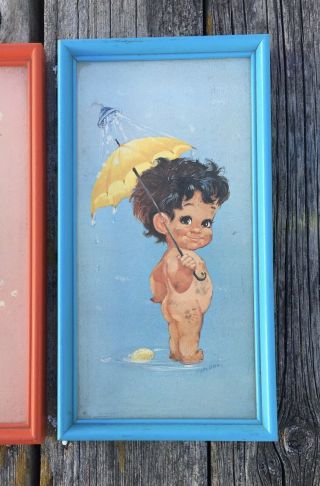 W M Otto Prints Kids Bathing Prints Framed Big Eye Kids 1970s Set Of 2 3
