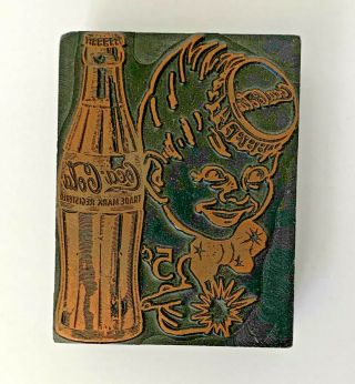 Vintage Coca - Cola Letterpress Printer Wood Block - Coke Bottle & Sprite Boy