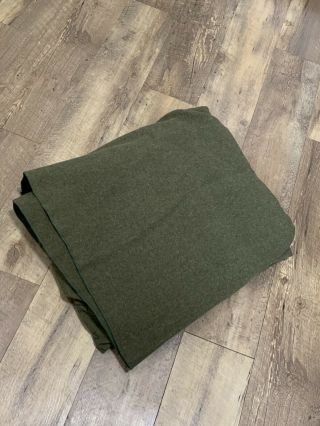 Vintage Us Military Wool Blanket Olive Green 84 X 66 Field Bed Camping Stamped