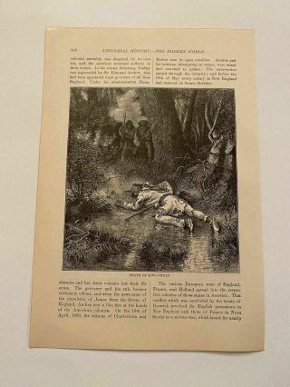 Kp125) Death Of King Philip Metacomet Wampanoag Rhode Island 1885 Engraving