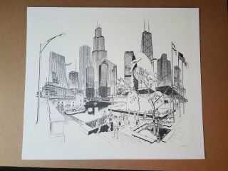 George Becker Chicago Landmarks Art Ink Drawing Signed Pencil 1978 The Picasso