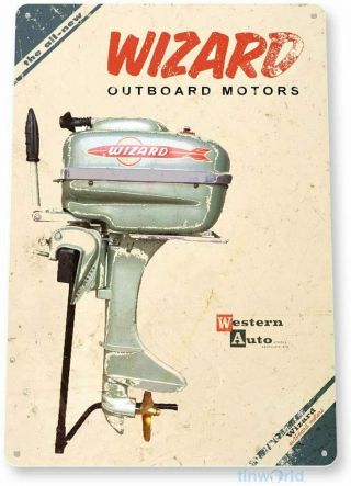 Wizard Outboard Motor Sign Garage Auto Shop Mechanic Dealer Tin Metal Decor Sign