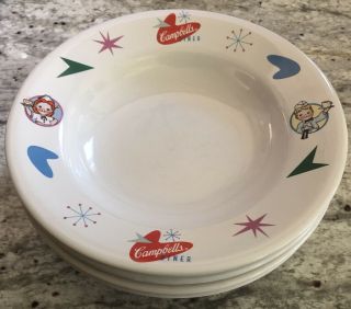 Set Of 4 Campbells Diner Soup Bowls Rimmed Retro Design Kids 9 1/2 " Hard To Find