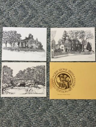 Set Of 3 Bucks County Pa Bridge & Farmhouse Raymond E Halacy Ink Prints