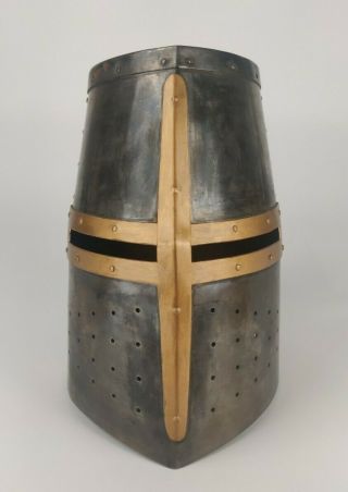 Vintage Full Size Steel Medieval Knight Crusader Great Helm Silver Metal Helmet