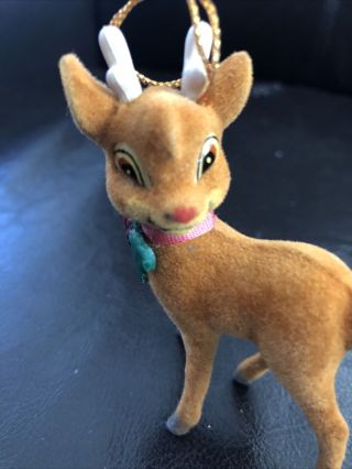 Vintage RUDOLPH THE RED NOSED REINDEER FLOCKED CHRISTMAS TREE ORNAMENT R.  L May 2